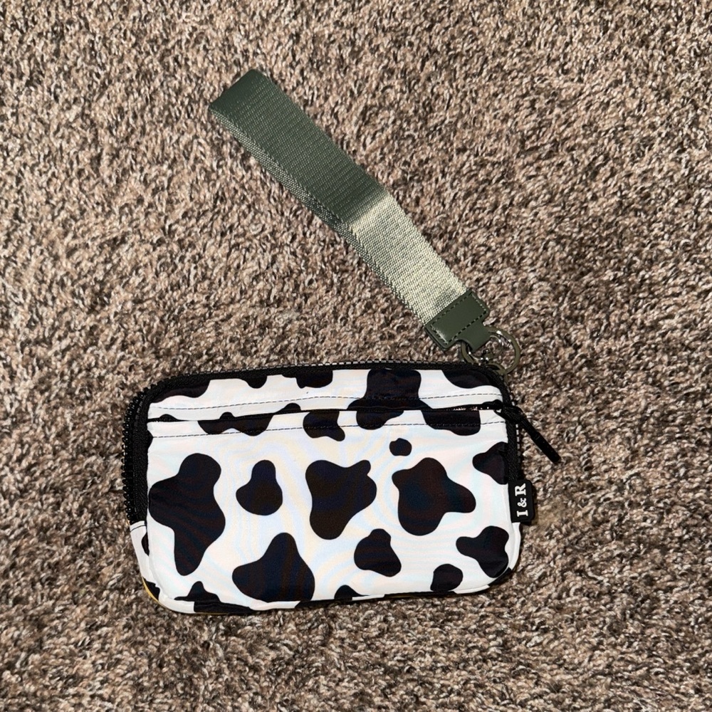Large wristlet wallet cow print and olive green with gold